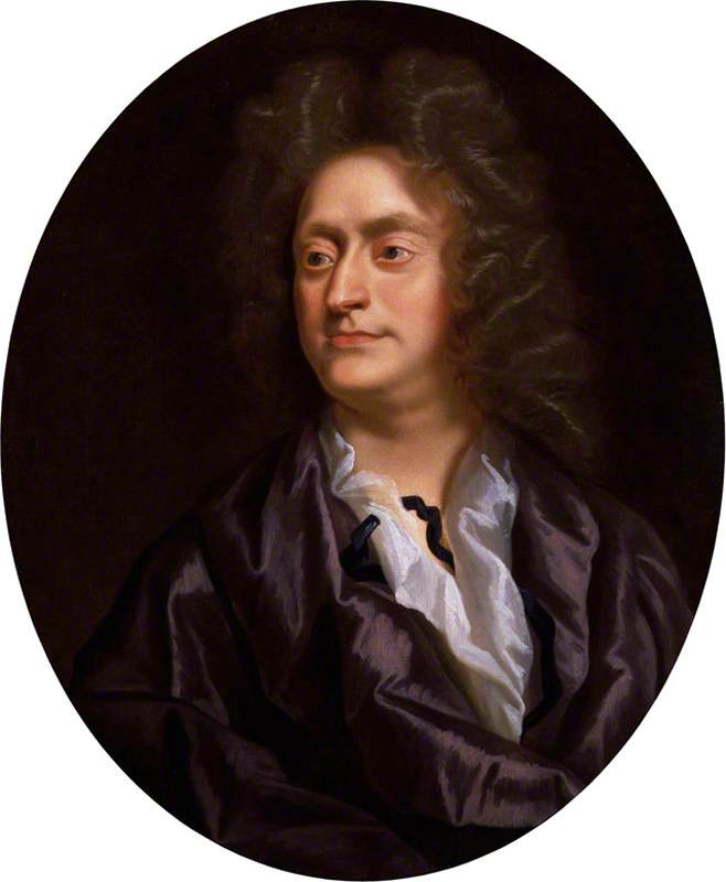 Oval oil portrait of Henry Purcell, c. 1695, in a long curled wig, white cravat and dark robe